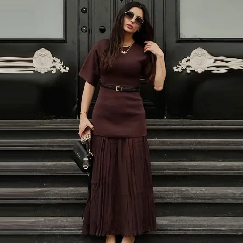 Womens Dresses Brown Pleated Dress Summer 2025 Elegant Knitted Short Sleeve Vestidos Chic Patchwork O-Neck Vacation Dresses