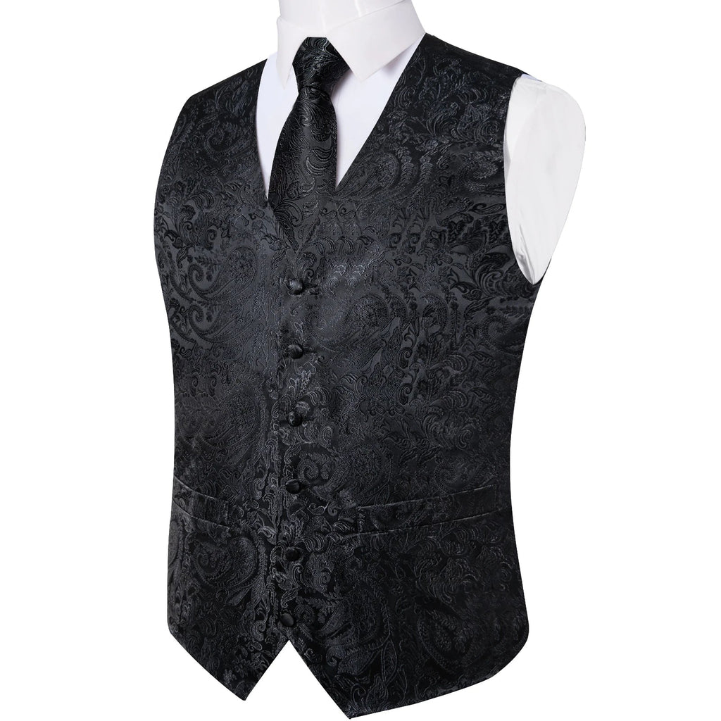 Suit Vest for Men Black Solid Paisley Wedding Prom Groom Jacquard Waistcoat with Necktie for Tuxedo Men Clothing