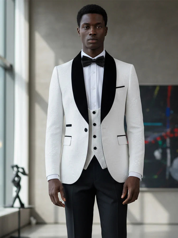 Male Groom Wedding Blazers Retro carving figure Party Dress Tuxedo Prom Suit Fashion Slim Fit (jacket+Vest+Pants）