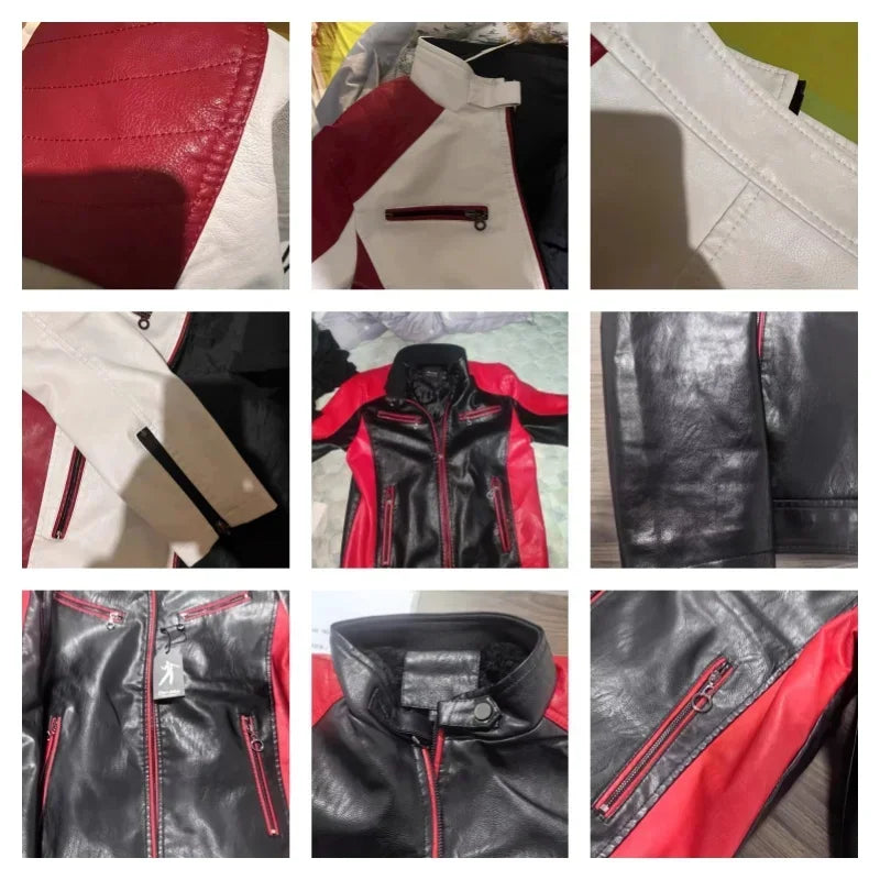 Patchwork Motorcycle Jacket Men ,Leather Jacket, Color-blocking Stand-up Collar Coats, PU Motorcycle Jacket, Motorbike Jacket
