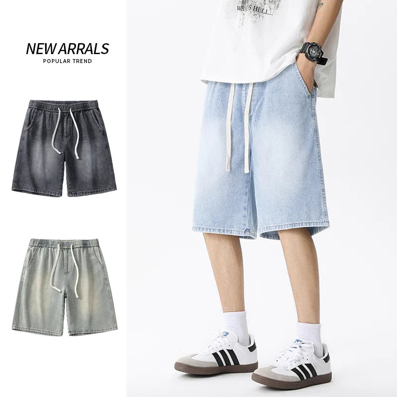 Casual Denim Shorts Men Elastic Waist Straight Comfortable Light Blue Soft Short Pants Baggy Wide Bermuda Male Jeans