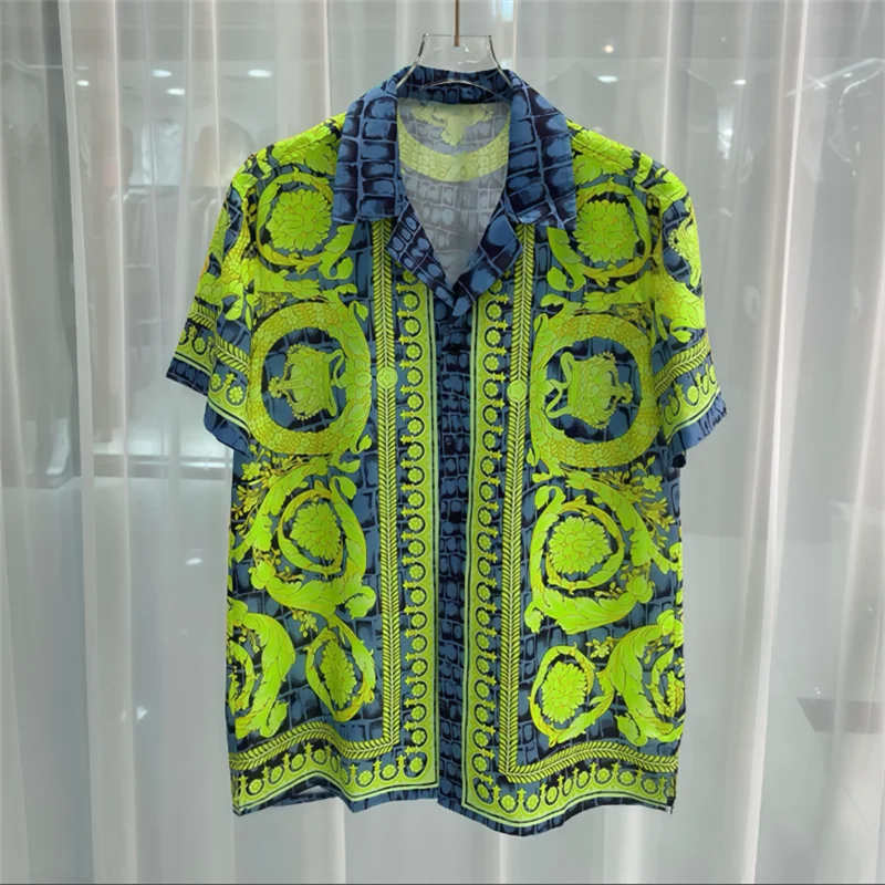 Luxury Royal Short sleeved Shirt for Men's Summer Casual Social Paisley Striped Side Flower Printed Shirt