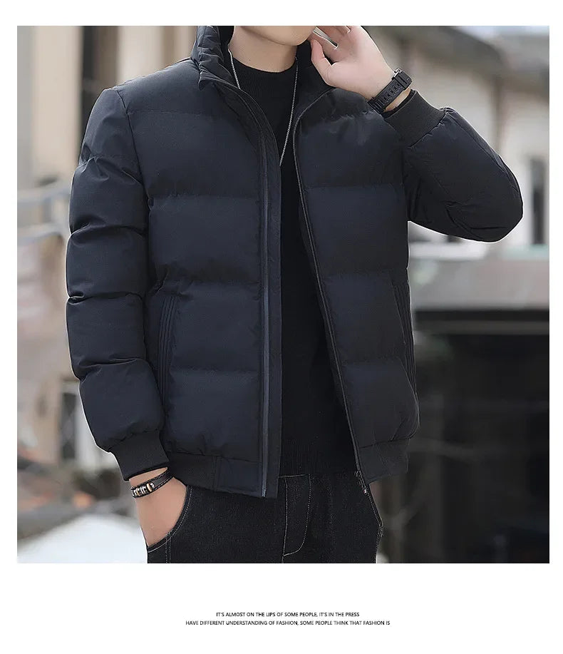 2025 Winter New Solid Color Zipper Down Jacket Thick Cotton Jacket Men Trendy Brand Casual Youth Coat Versatile Comfortable Top