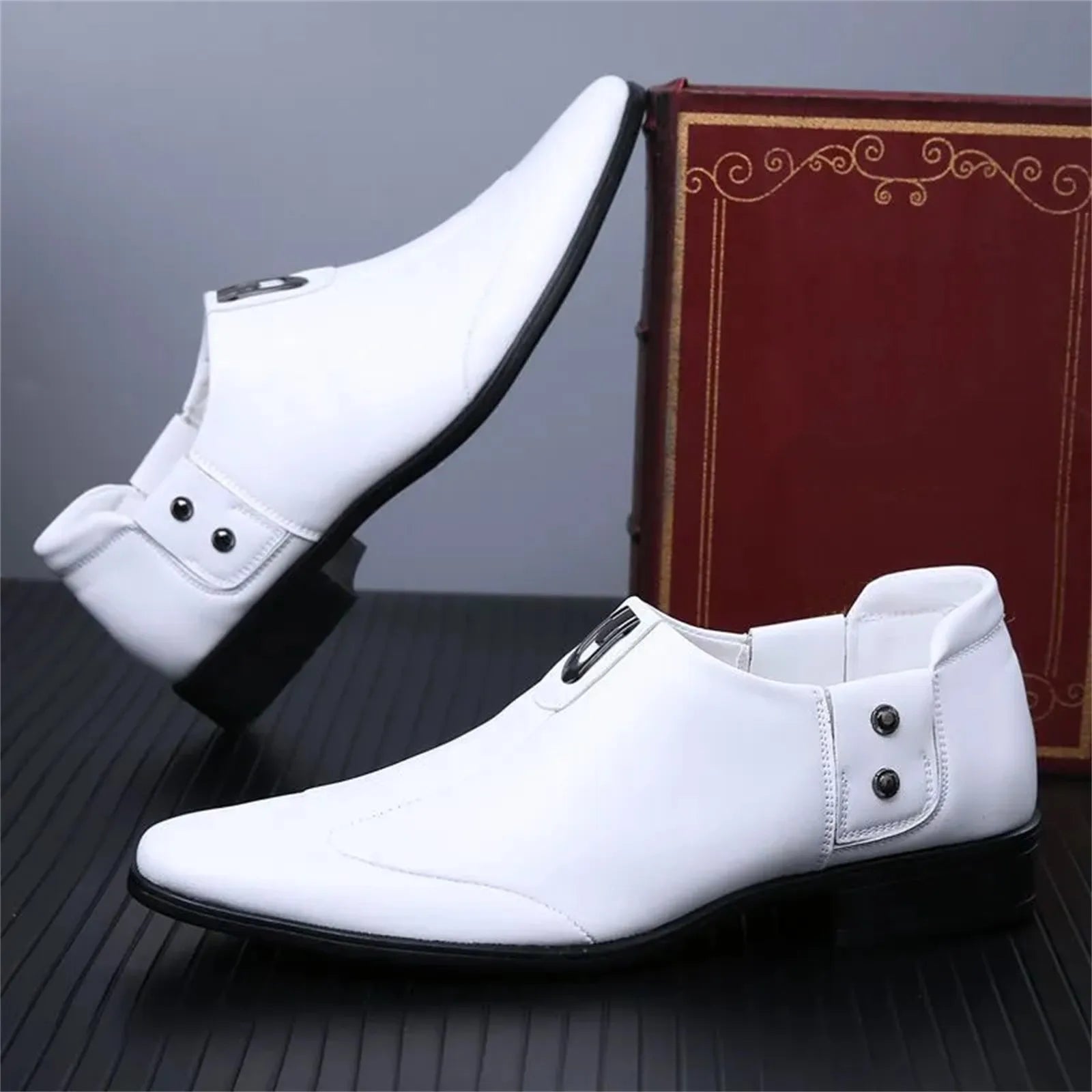 White Men'S Soft Leather Casual Loafers Comfortable Business Work Formal Spring Slip-On Metallic Dress Shoes Sole Polyurethane