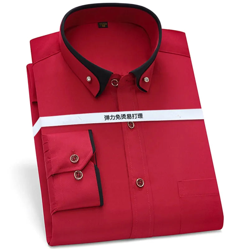 Hot Sale Men's Business Dress Shirts long Sleeve Contrast Collar Social Camisa With Diamond Anti-wrinkle Button Down Black Blue