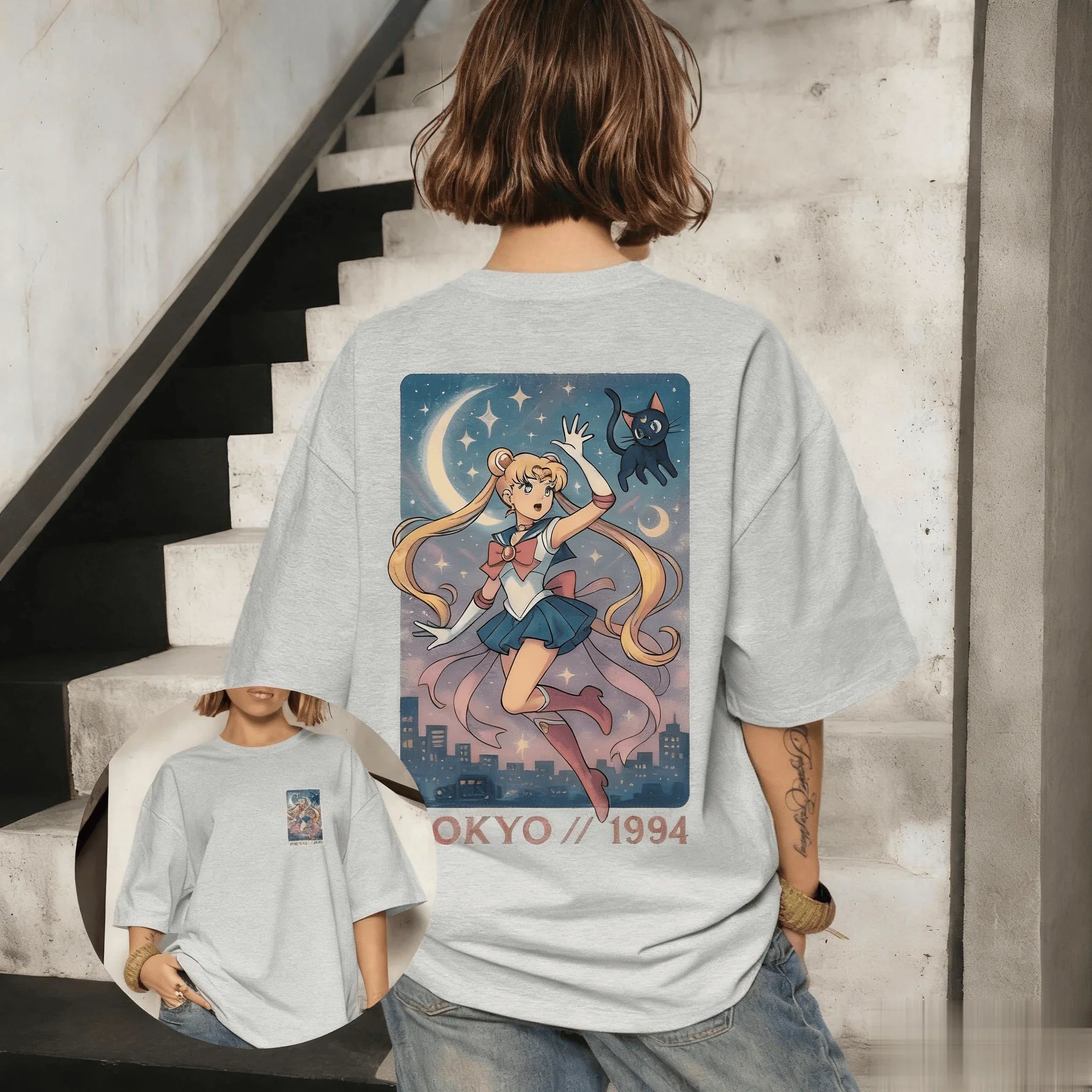تيشيرت Sailor Moon Anime Graphi للرجال والنساء كبير الحجم بأكمام قصيرة كاجوال ملابس الشارع الصيفية ملابس Y2k برسومات علوية