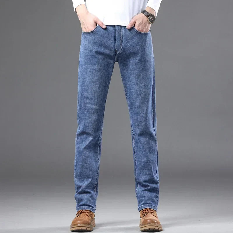 Fashion Light Blue Slim Straight Jeans Men's Spring autumn Elastic Comfortable Denim Pants Korean Casual Business Trousers
