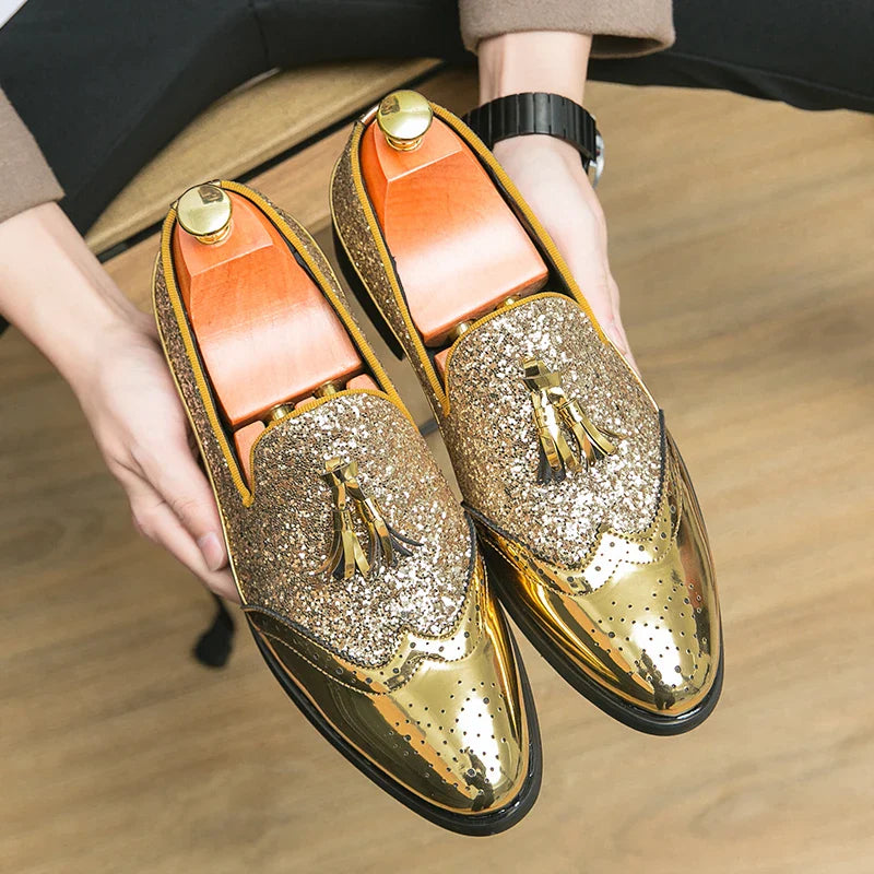 Business Dress Shoes Men's Oxfords Genuine Leather Pointy Toe Lace Up High Quality Office Wedding Formal Shoes For Men Gold