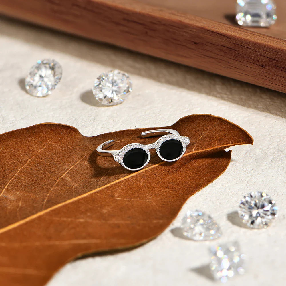 Cool Mini Glasses Moissanite Ring for Woman S925 Sterling Silver Adjustable Band Couple Open Rings Party Jewelry Gifts