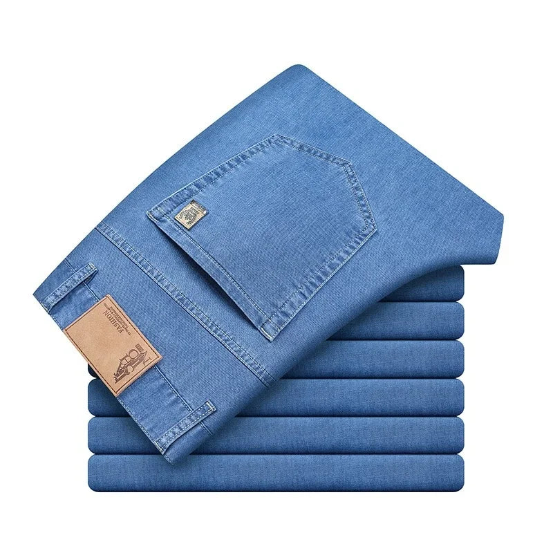 Men's Ice Silk Jeans Summer New Lyocell Thin Business Casual Denim Pants Classic All Match Slim Fit Straight Elastic Jean Male