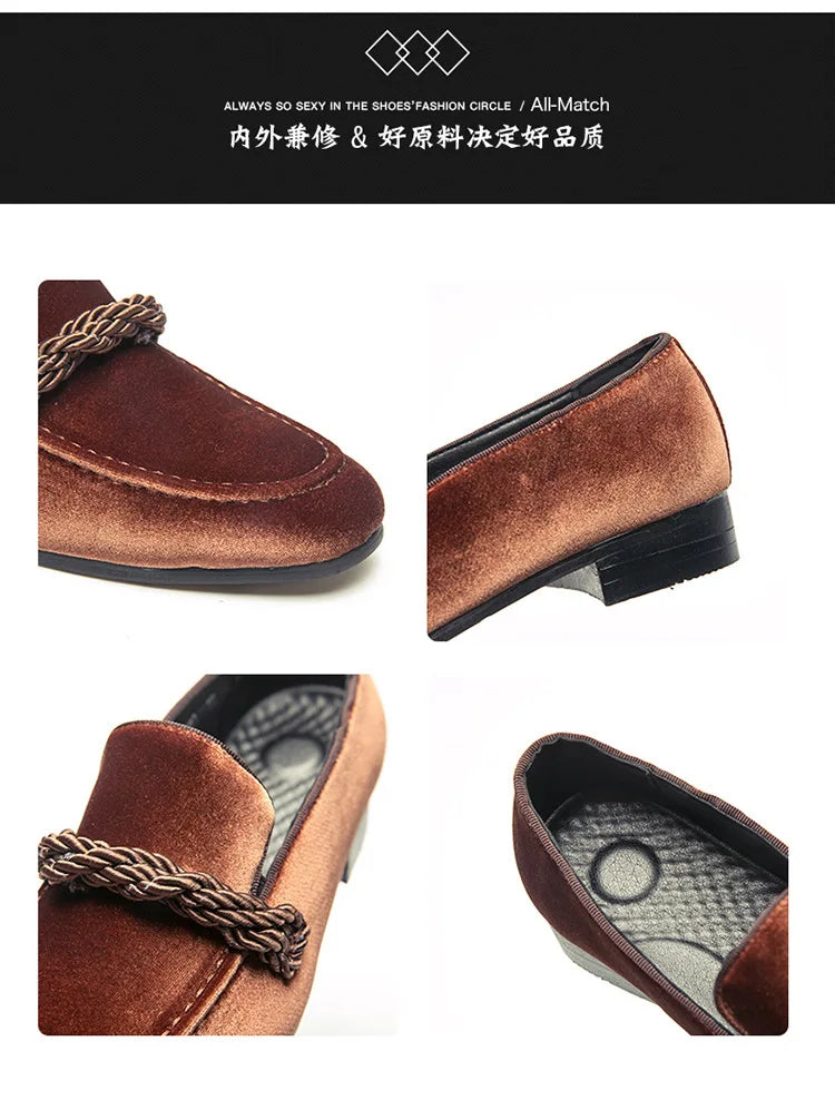 British Style Men Loafers Fashionable Classic Suede Deerskin Casual Dress Brooch Twisted Personality Small Leather Shoes 38-48