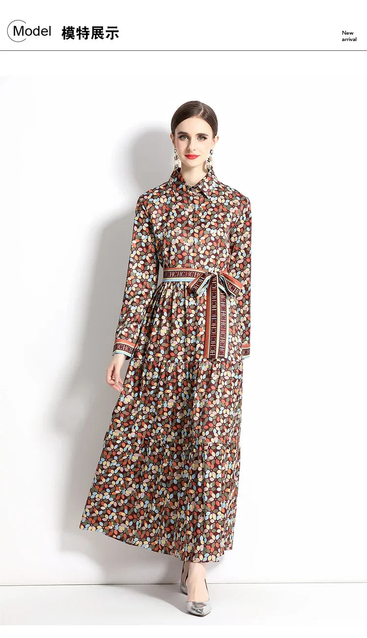 2024 Autumn New Women's European and American Versatile Waist and Slimming Letter Positioning Printed Dress A-line Long Dress