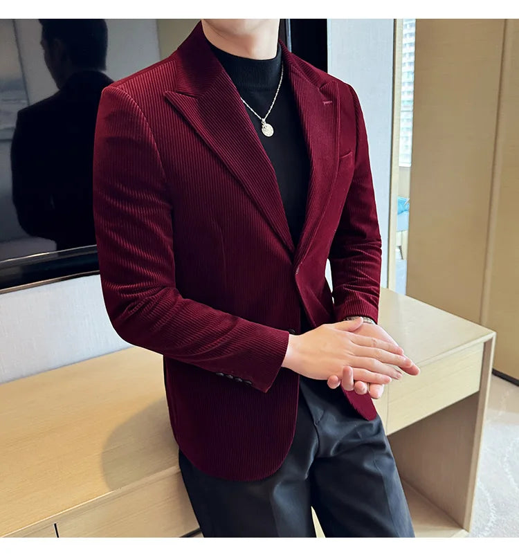 Corduroy Stripe Suit Jacket For Men Autumn Winter Business Slim Fit Tailcoat Formal Wedding Party Fashion Casual Suit Coat 4XL-M