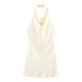 Silk Satin Texture Summer New Arrival Women's  Dr Hanging Ne Collar Gown Soft A-Line Skirt High Waist Pure Color
