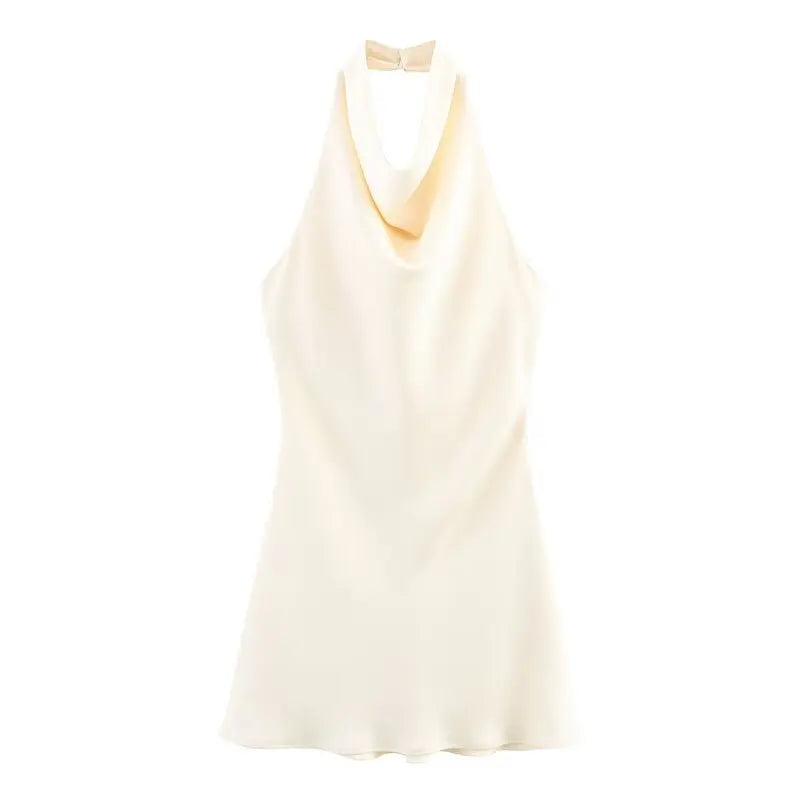 Silk Satin Texture Summer New Arrival Women's  Dr Hanging Ne Collar Gown Soft A-Line Skirt High Waist Pure Color