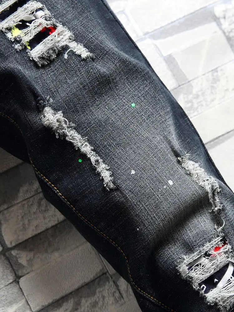 Men's Slim Fit Jeans Elastic Casual High Street Style Ripped Patchwork Pants Fashionable Tight Menswear Spring New Arrival