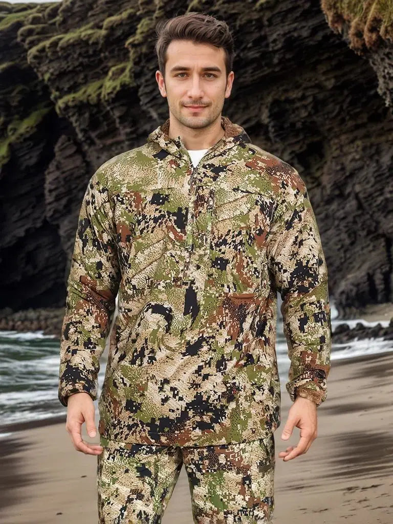 Men's Stretch Camouflage Jacket, Hunting Pullover, Light Nylon Fabric Printed Plush Lining Hoodie