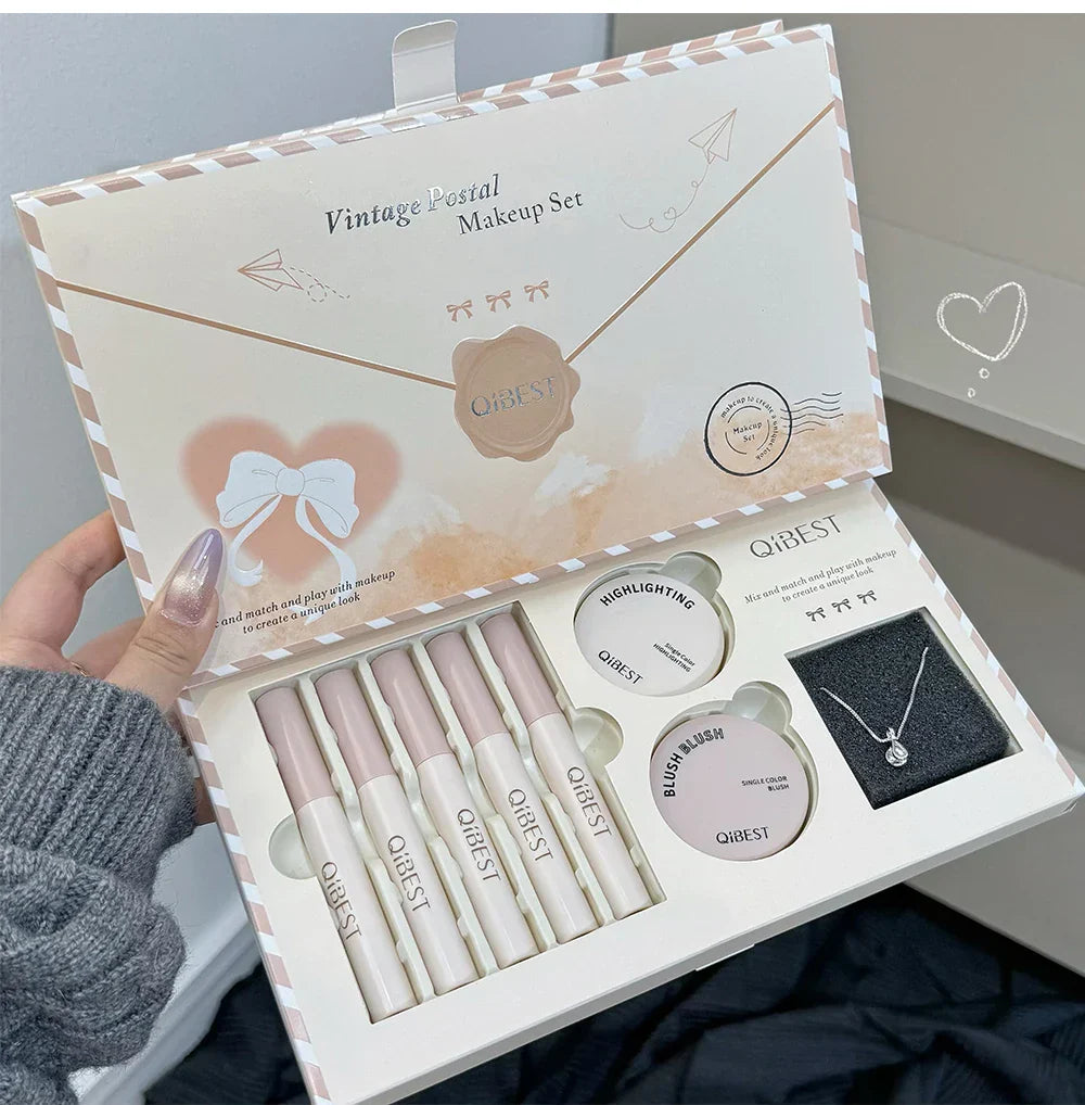 Retro Mail Makeup Set 5pc Matte Lip Mud,1 Blush,1 Highlight And 1 Necklace Gift Multipurpose Cosmetics Kits For Women