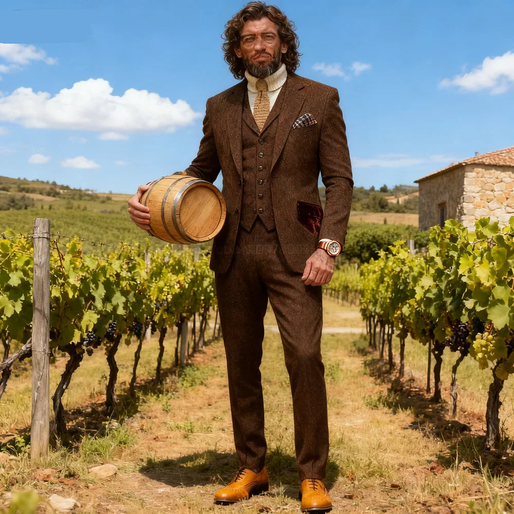 Men's Herringbone Slim Fit 3-Piece Tweed Smoking Suit Casual Formal Business Ternos Wedding Blazer Pants Vest Wool Blend