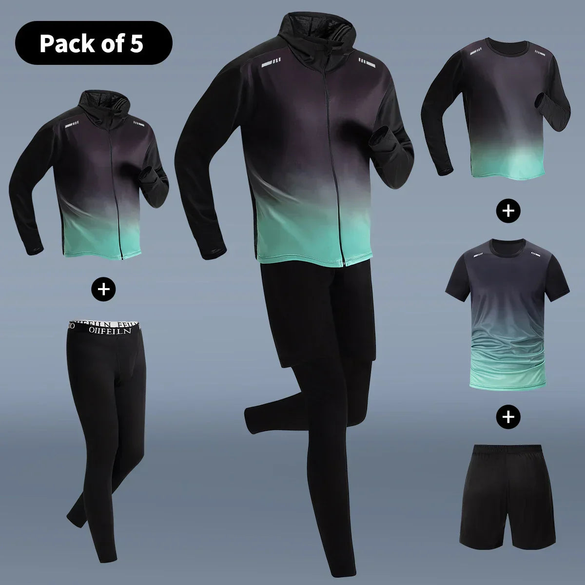 5-Piece Men's Quick-drying Sports Suit Fitness Running Tight Elastic Trousers With Cap Gradient Coat Round Neck Casual T-shirt