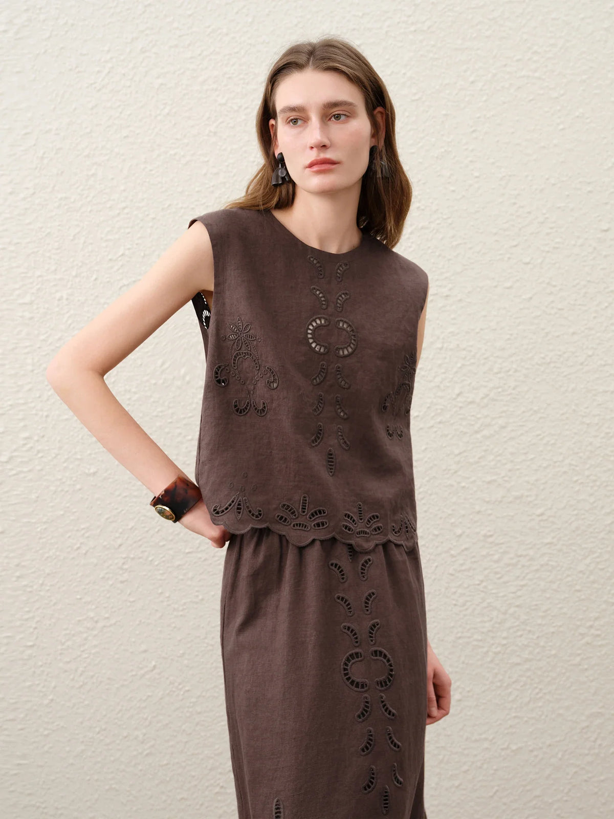 Summer Women Linen Two Piece Set Cut-Out Embroidered Sleeveless Top Midi Skirt Boho Beach Vacation Style