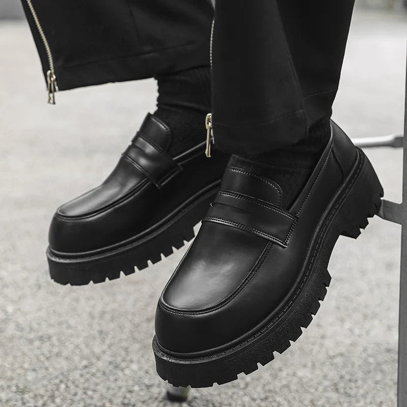 Loafers Men Leather Shoes Thick-soled British Style Black Formal Business Shoes Fashion Luxury Slip-On Casual Big Head Shoes