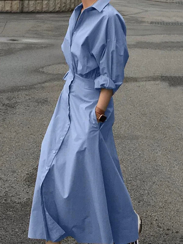 Women Casual Long Shirts Dresses 2025 Summer Spring Clothes Khaki Puff Sleeves Botton Simple Maxi Dresses for Women