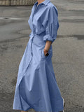 Women Casual Long Shirts Dresses 2025 Summer Spring Clothes Khaki Puff Sleeves Botton Simple Maxi Dresses for Women