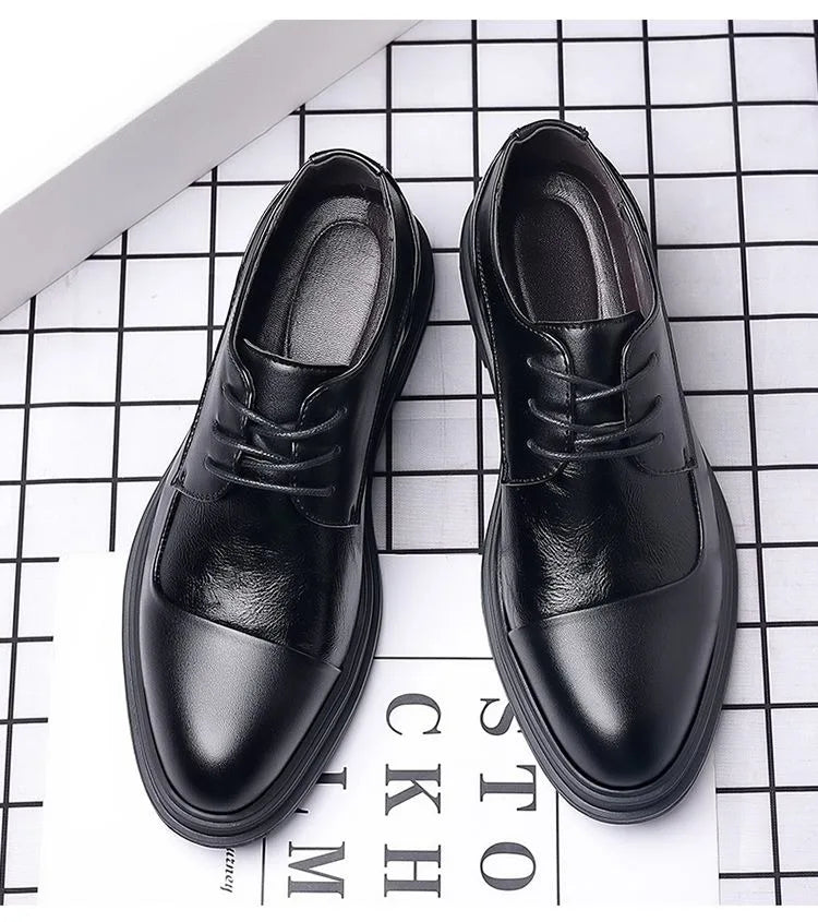 Men's Genuine Leather Oxfords Pointed Toe Lace Up Dress Shoes British Style Business Wedding Casual Footwear for Spring Autumn
