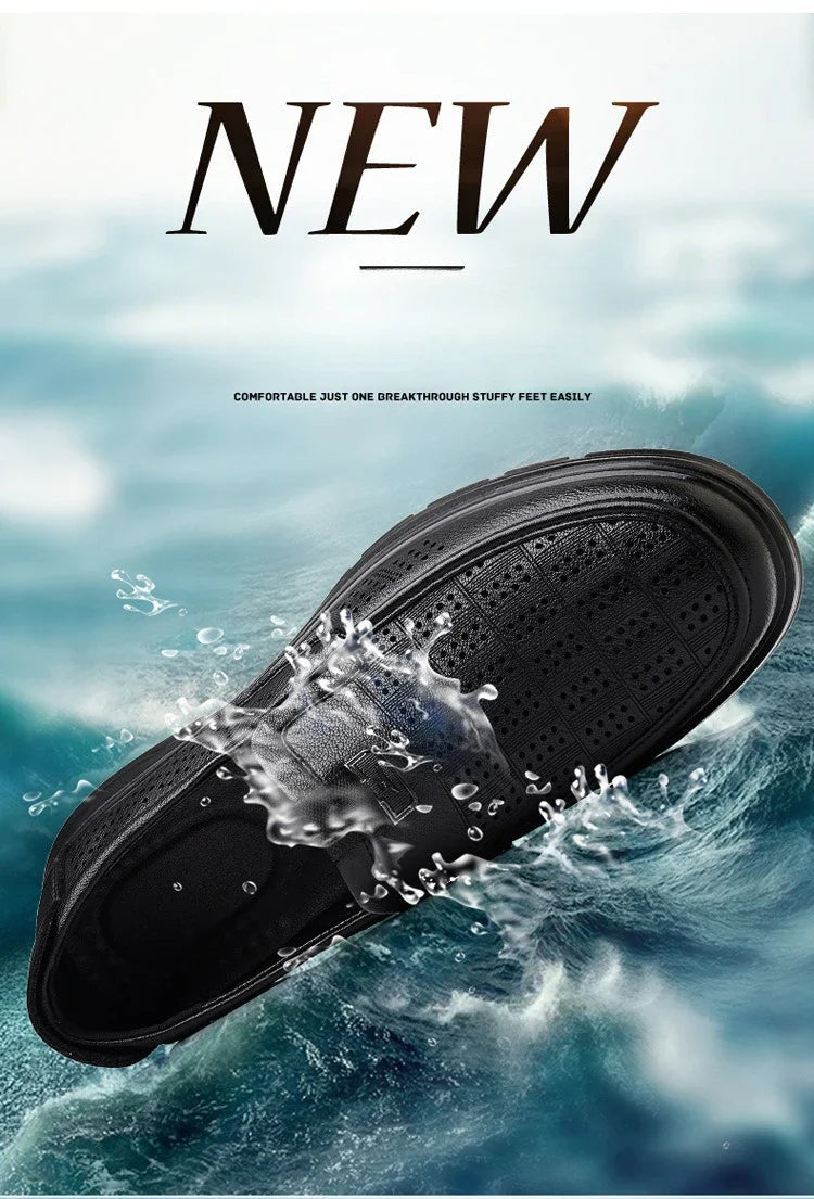 Men's Summer Breathable Leather Loafers Brown Hollow Out Slip-On Shoes Male Thick Sole Comfortable Non-slip Work Shoes for Man