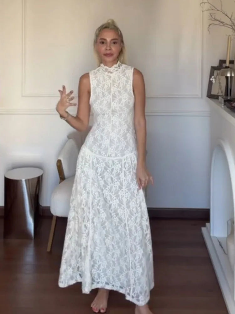HH Women's Spring Summer Stylish Off‑White High Neck Lace Sleeveless Dress Female Elegant Temperament Zipper Long Party Dress