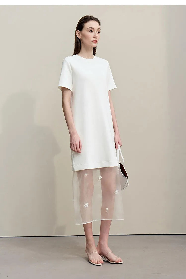 Long Dresses 2026 Autumn New Round Neck Short Sleeve Patchwork Women's Dress Removable Organza Elegant Dress Women 12651024