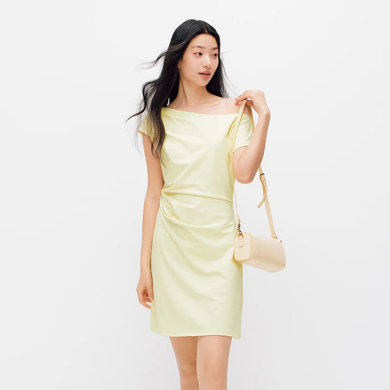 Women Dress One Shoulder Oblique Neck Waist Pleated Solid Cool Feeling Mini 2026 Summer Minimalist Temperament Fashion Top