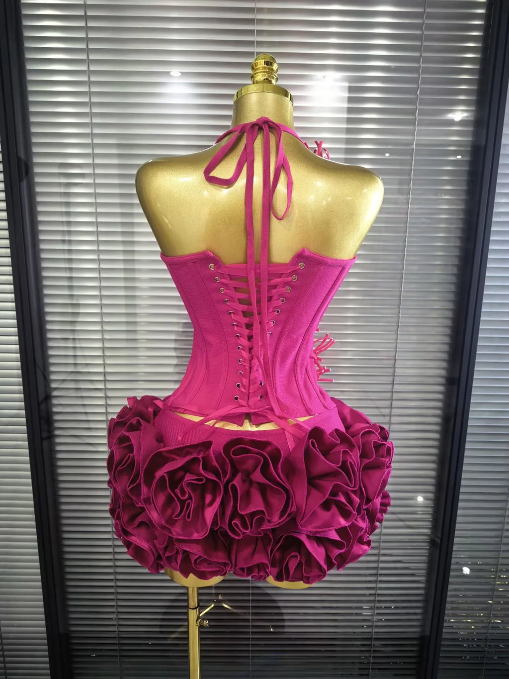 Black Red Women Sexy Strapless Laced-up Tops 2 Pieces Florals Bodycon Mini Bandage Dress Celebrate Nightclub Party Stage Wear