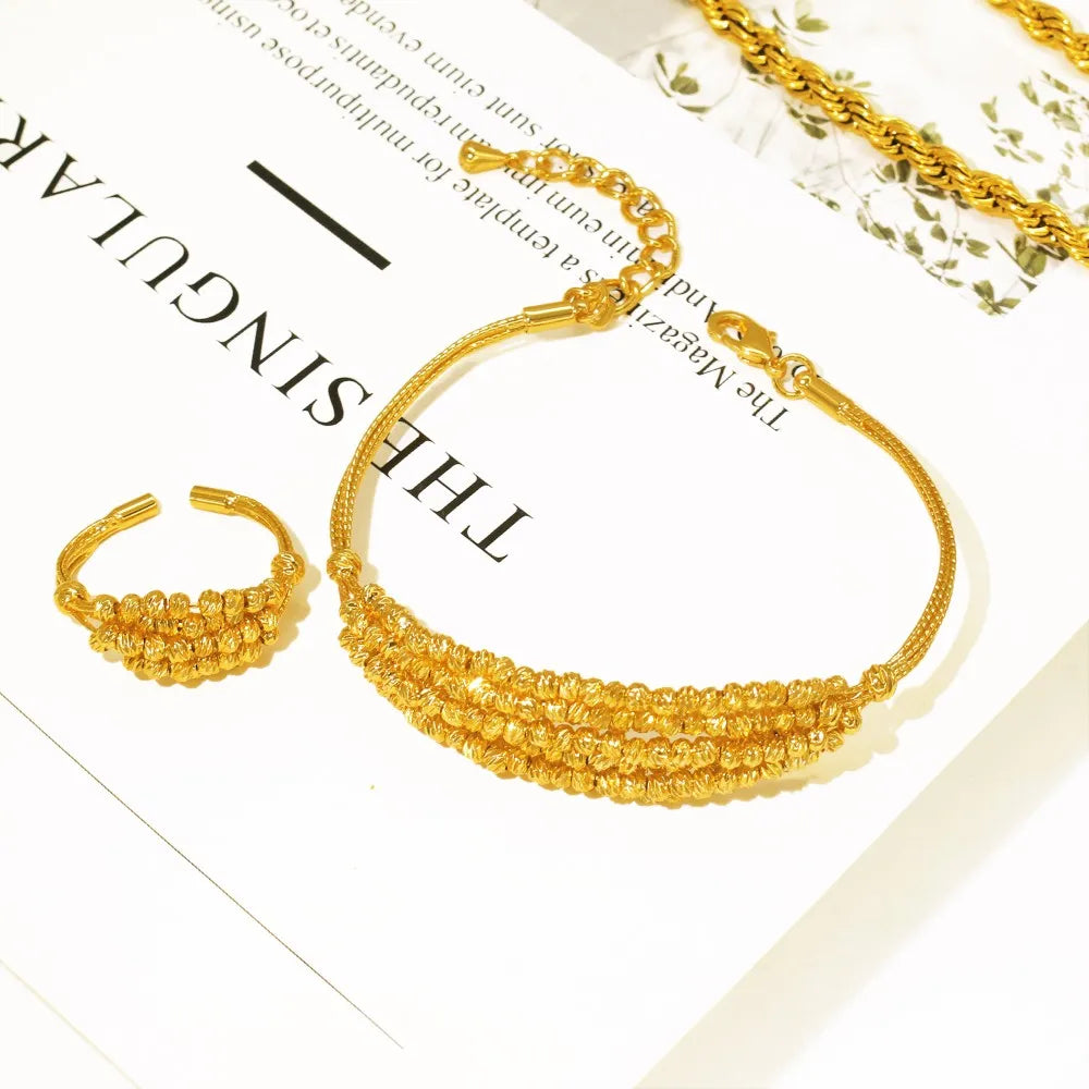 Exquisite Brazilian Gold Plated Wedding Jewelry Set Hight Quality Copper Beads Necklace Multi Layered Bracelet C Earring
