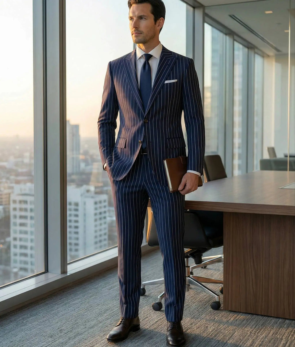 Elegant dark blue striped men's suit; 2 pieces of fashionable double-breasted, collarless slim-fit jacket and trouser set new st