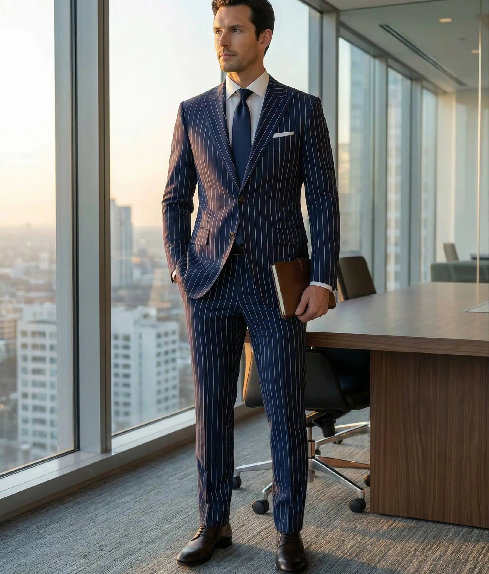 Elegant dark blue striped men's suit; 2 pieces of fashionable double-breasted, collarless slim-fit jacket and trouser set new st