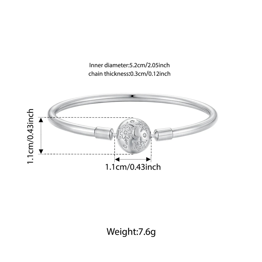 925 Sterling Silver Ice Flower Charm Bangle & Bracelet Glossy Basic Wrist Bangle for Women Pendant Beads DIY Xmas Jewelry