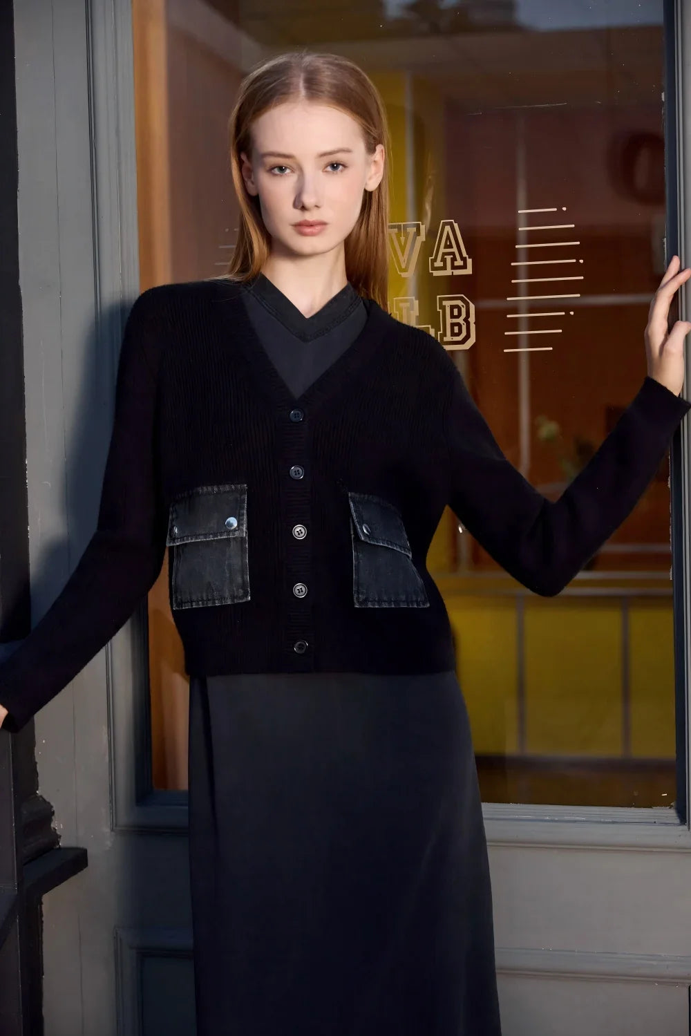 Women 2026 Autumn and Winter Denim V-neck Dress Knitting Cardigan Mock Neck Modal Shirt