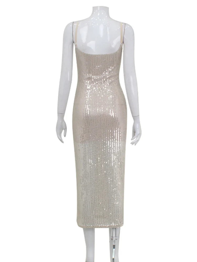 Elegant Sequins Sexy Club Women Dresses Sleeveless Party Spaghetti Strap Streetwear Sheath Fashion Bodycon Slim Female