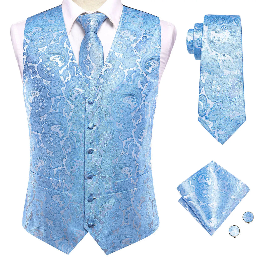 Sky Navy Royal Blue Mens Waistcoat Tie Set Sleeveless Jacket Vest Necktie Hanky Cufflinks Wedding Business Oversized Gift