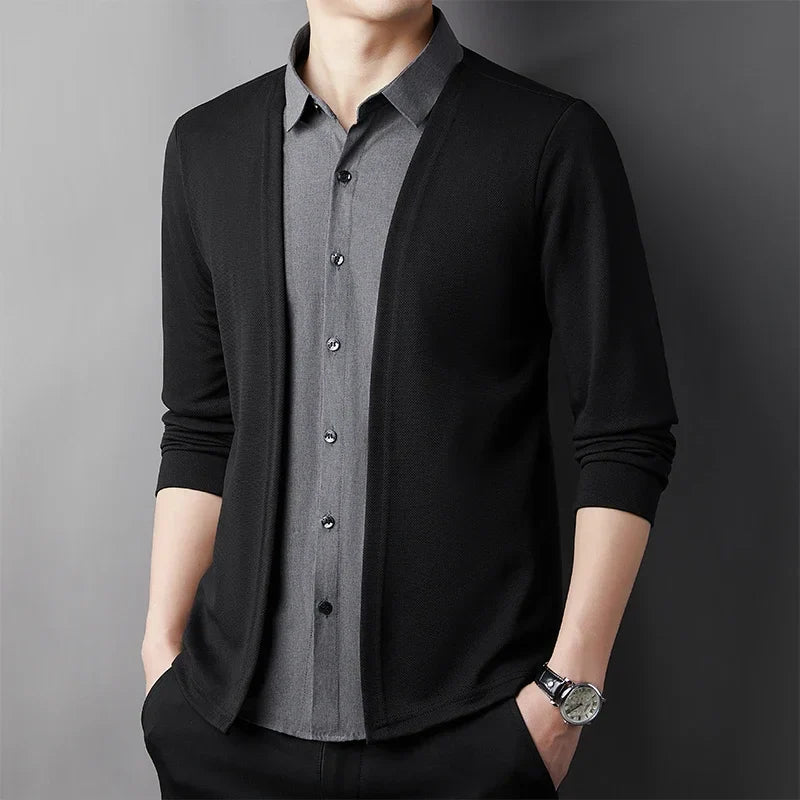 Men's Casual Long Sleeved Shirt Fake Two Piece Comfortable Outdoor Cardigan Korean Version Solid Color Fashionable Versatile Top