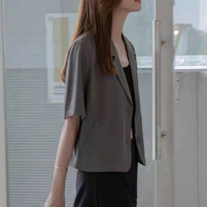 Short-sleeve Blazers Women Temperament Outwear Summer Baggy Office Lady Chic Simple All-match Streetwear Fashion Notched Classic