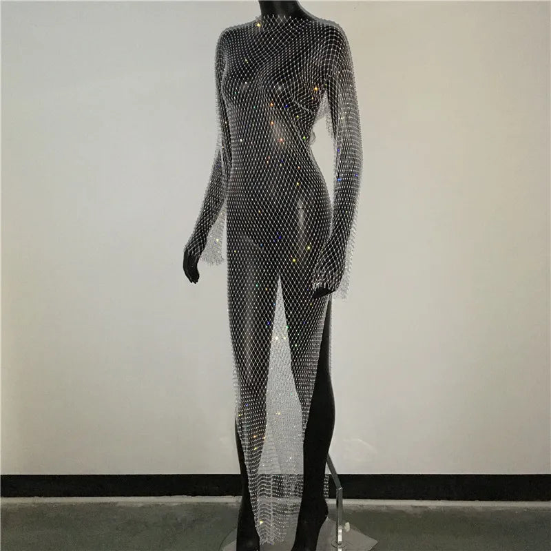 Shiny Rhinestones Grid Fishnet Dress Long Sleeve O-Neck Hollw Out Side Slit Dress Sexy Beach Cover Up Breathable Women Vestidos