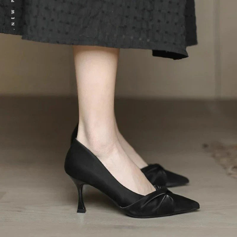 2026 New Women's Pointed Toe Stiletto Heels, Elegant Beige Ruched Pumps, Comfortable Commuter Shoes for Wedding Party Dress