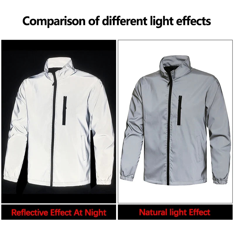 Night Reflective Jacket Men's Spring Casual Stand Collar Outdoor Windproof Jogger Cycling Safety Bright Coats Hip Hop Streetwear