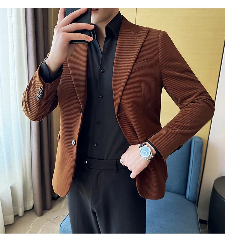 Corduroy Stripe Suit Jacket For Men Autumn Winter Business Slim Fit Tailcoat Formal Wedding Party Fashion Casual Suit Coat 4XL-M