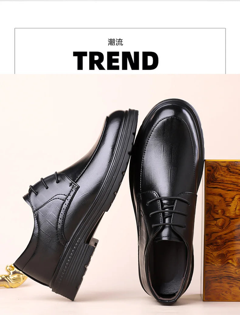 Men's Lace-up Business Casual Leather Shoes Spring Autumn New Platform Work Shoes Male Fashion Solid Color Dress Shoe Man