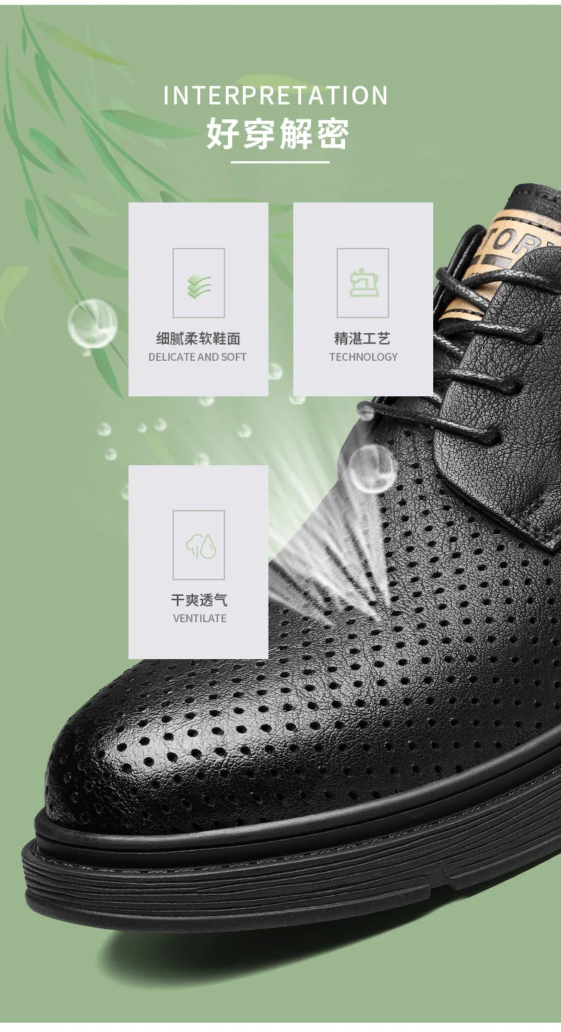 Summer Autumn New Low Top Cow Leather Shoes for Men Hallow Lace Designer Platform Shoes Male Fashion Business Casual Shoe Man