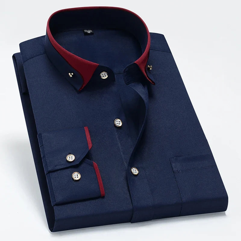 Hot Sale Men's Business Dress Shirts long Sleeve Contrast Collar Social Camisa With Diamond Anti-wrinkle Button Down Black Blue